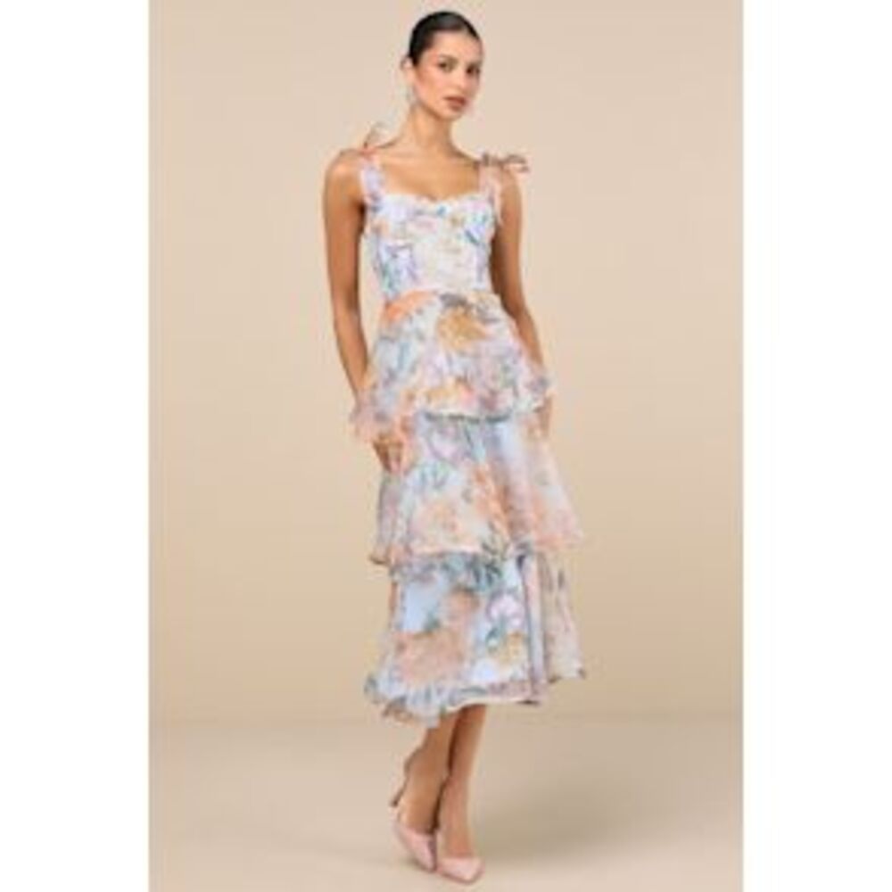 Lulu's Pastel Floral Tiered Midi Dress in Blue and Peach